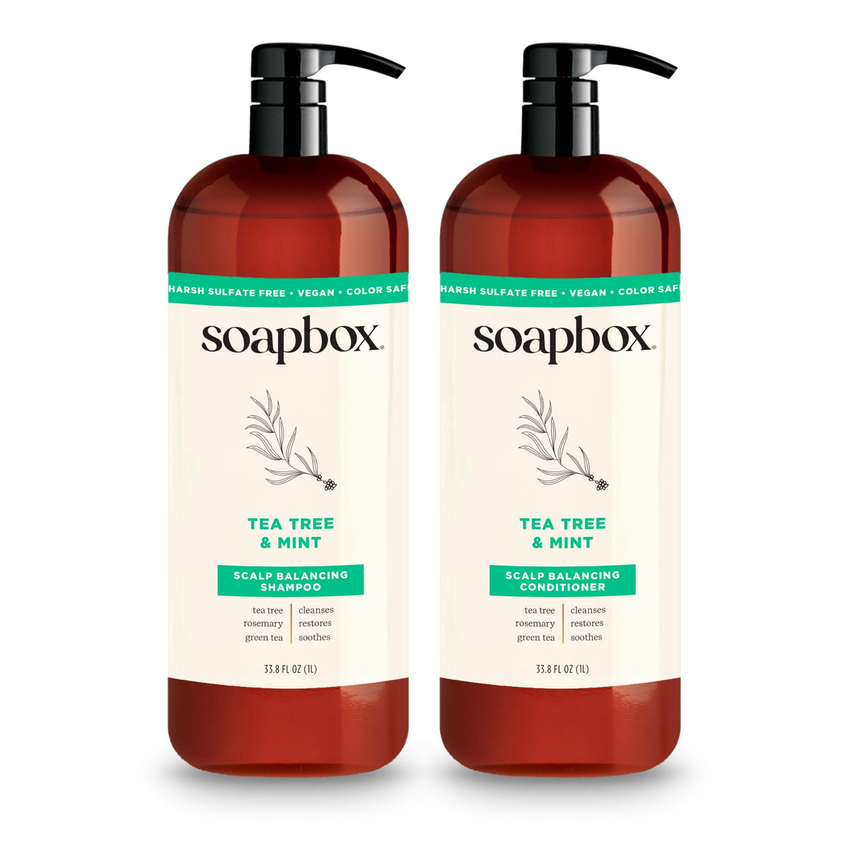 Soapbox front packaging showing 1L tea tree and mint duo and clear branding, conveys value