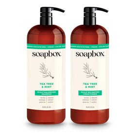Soapbox front packaging showing 1L tea tree and mint duo and clear branding, conveys value