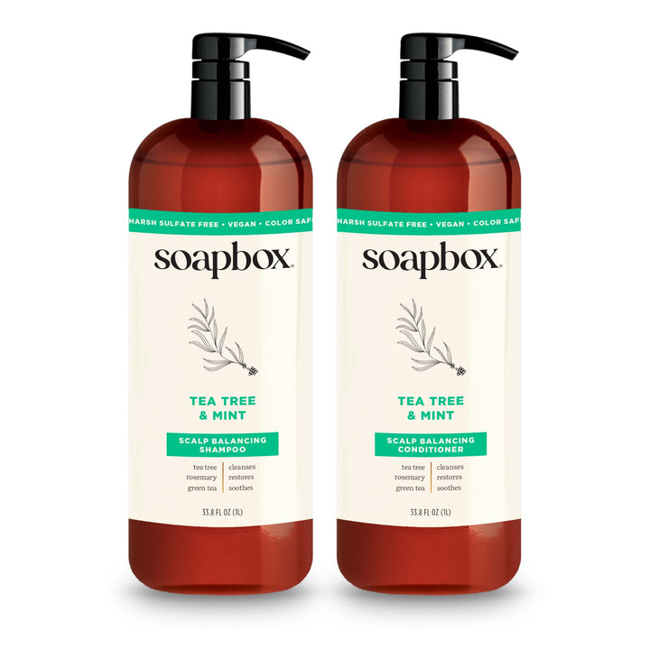 Soapbox front packaging showing 1L tea tree and mint duo and clear branding, conveys value