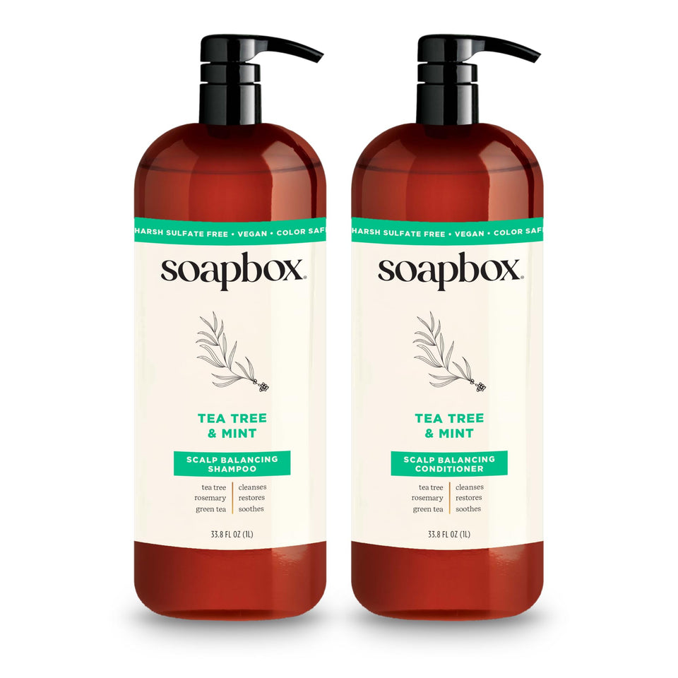 Soapbox front packaging showing 1L tea tree and mint duo and clear branding, conveys value