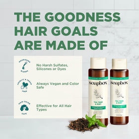 Soapbox shampoo placed in a bathroom setting suggesting daily use