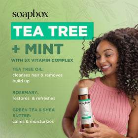 Soapbox shampoo pouring to show lightweight, easy‑rinsing texture