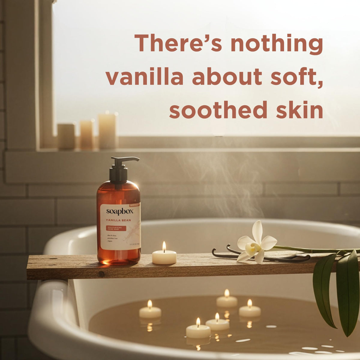 Soapbox vanilla bean close-up of creamy foam texture, highlights moisturizing lather