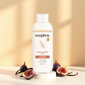 Soapbox bottle mounted on a shower shelf, demonstrating in-shower use benefit