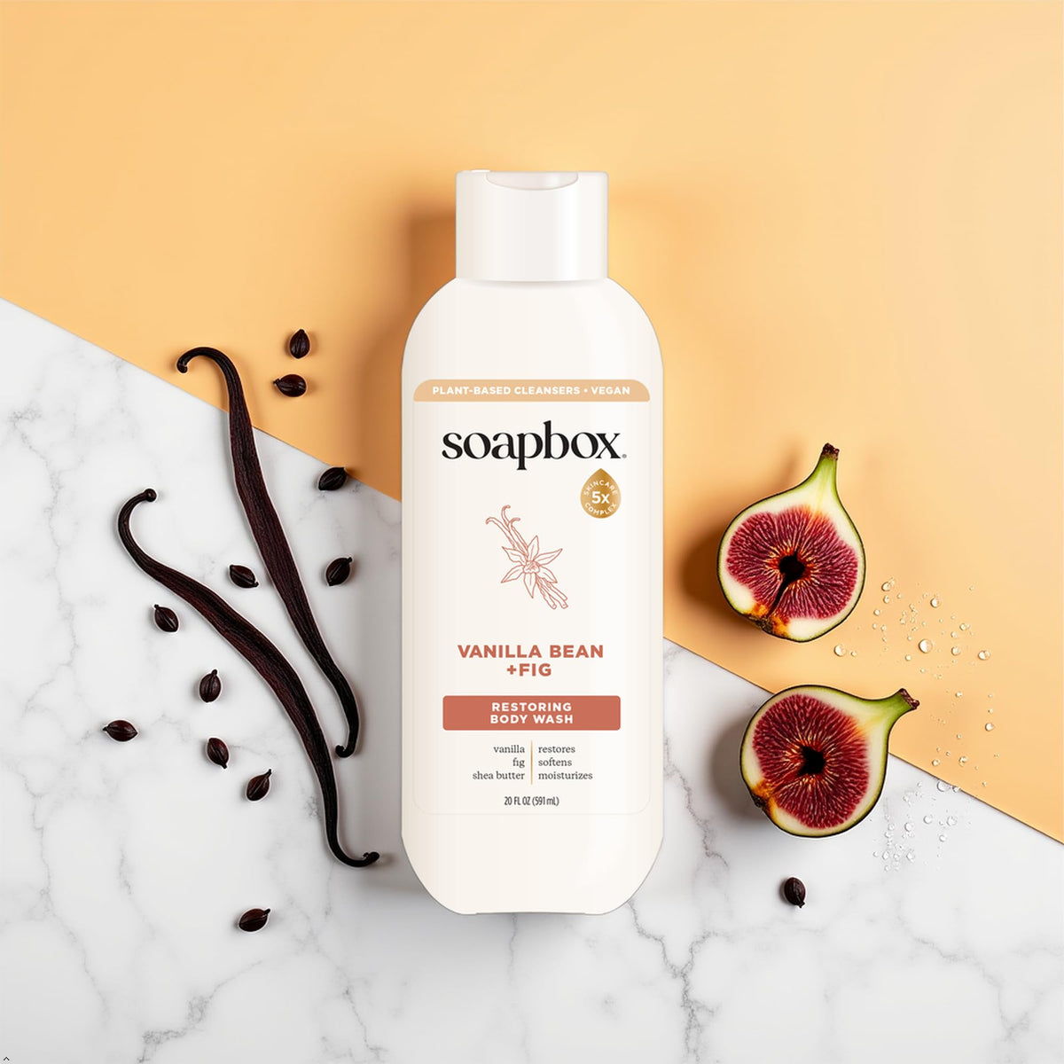 Soapbox ingredients display with shea butter and figs, emphasizes moisturizing effect