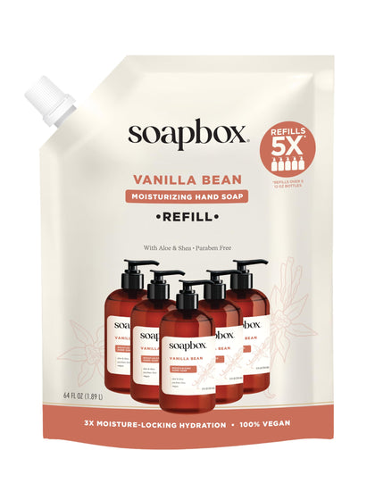 Soapbox vanilla bean front packaging showing refill bottle and branding benefit