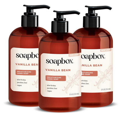 Soapbox vanilla bean front packaging showing bottle and label, promotes gentle cleansing