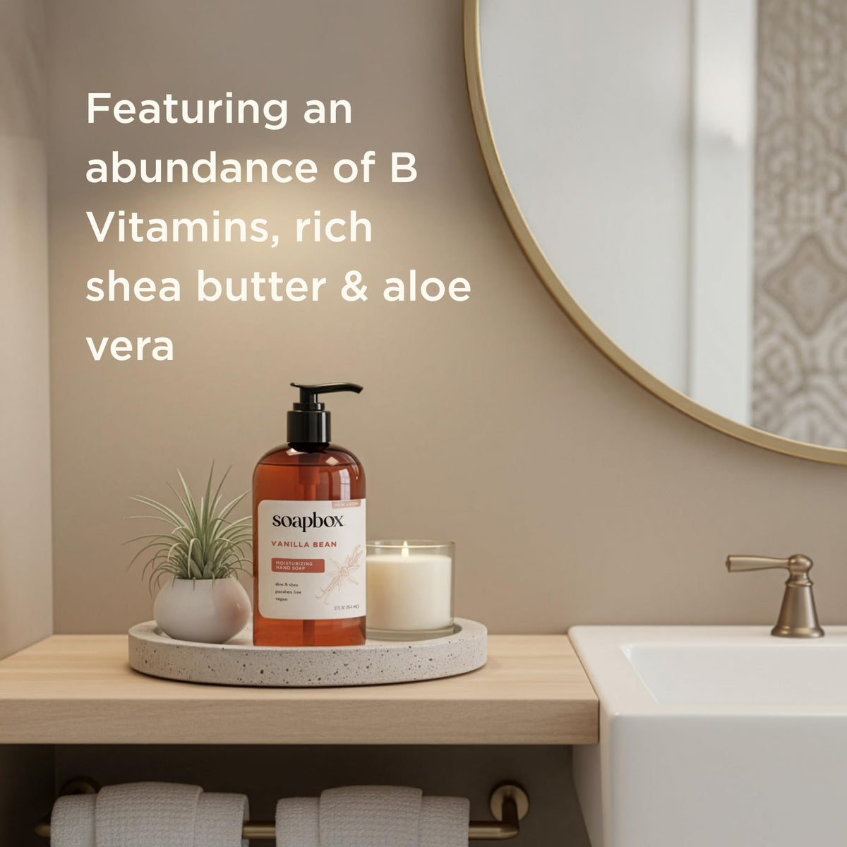 Soapbox vanilla bean three-pack arrangement, illustrates value and multi-sink readiness