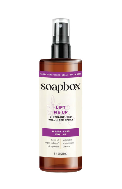 Soapbox volumizing spray front packaging showing product and benefits