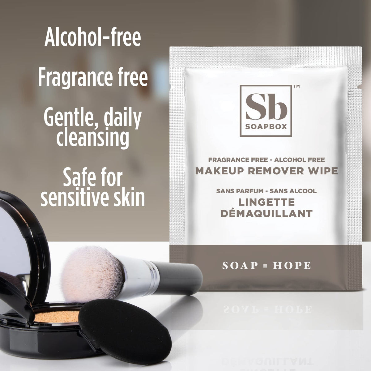 Soapbox wipe beside sunscreen and foundation for makeup removal