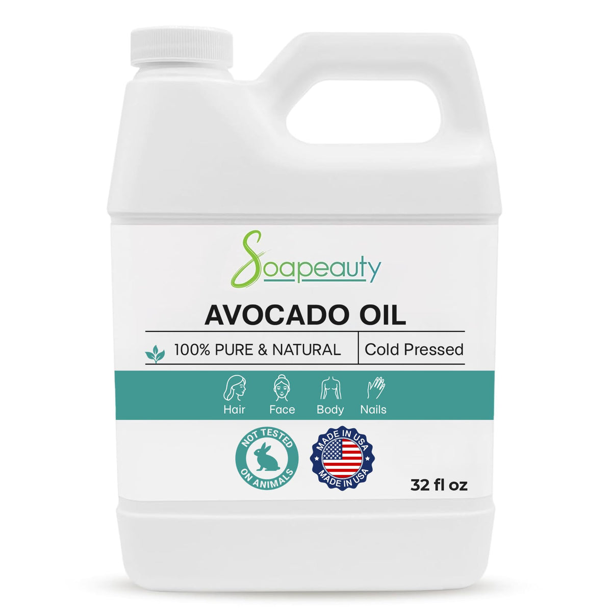 Soapeauty bottle front view showing label and size, highlights purity and value