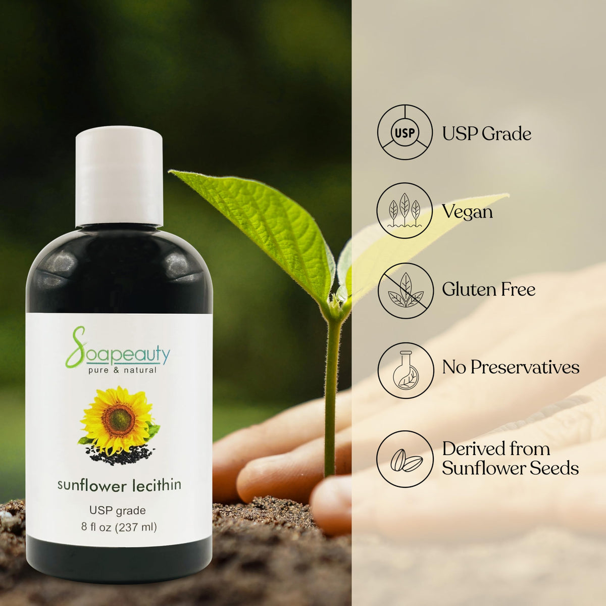 Soapeauty lecithin pouring to show smooth liquid texture and blendability