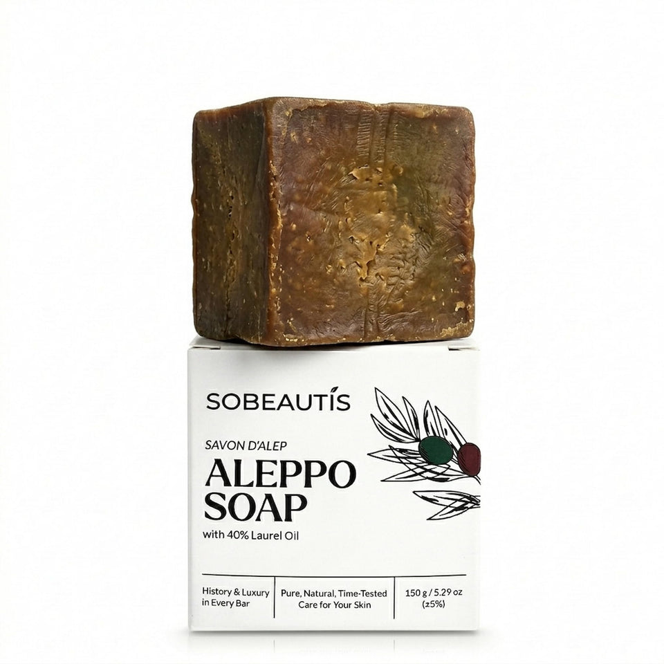 Sobeautis Aleppo 40% laurel oil front packaging shows clear product benefit