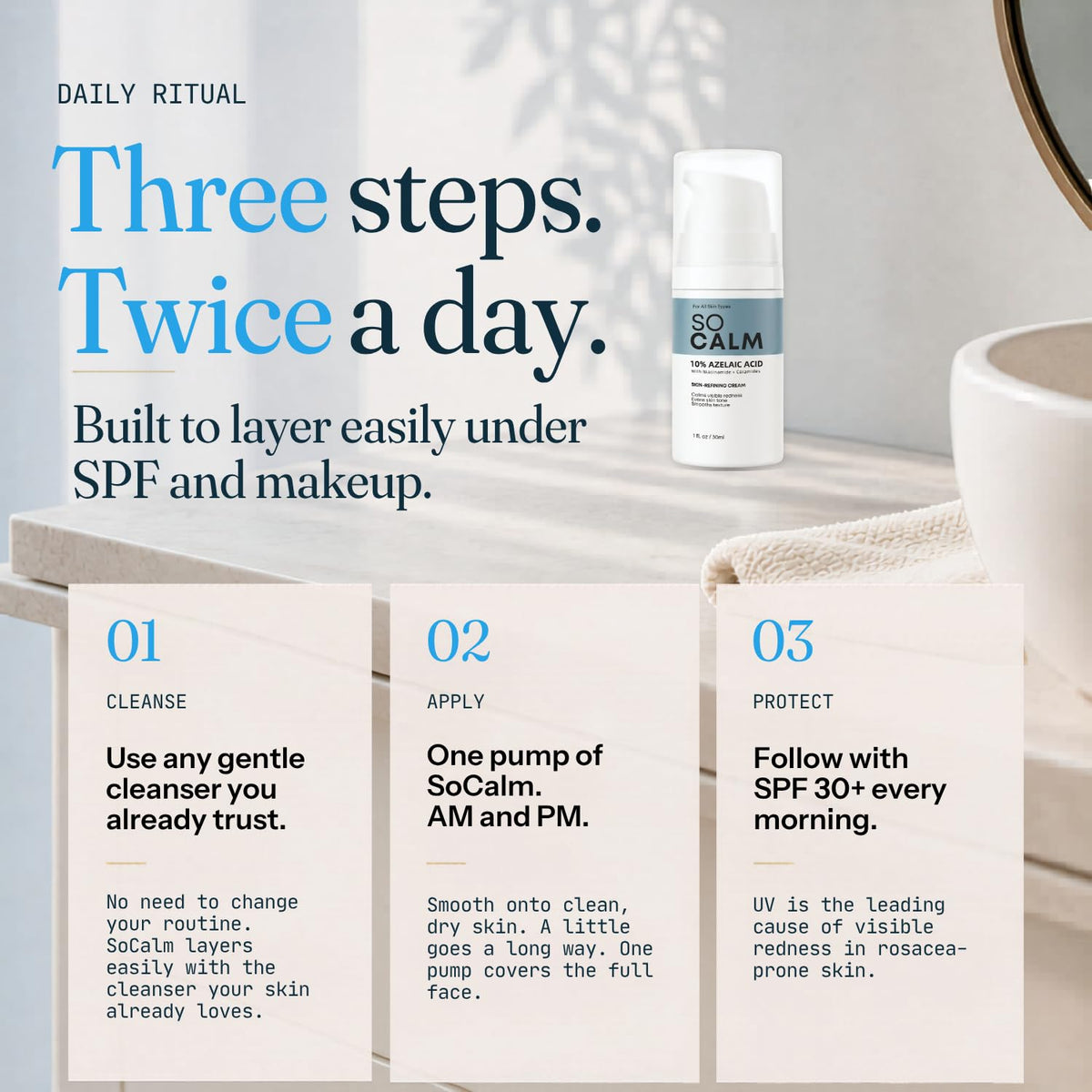 SoCalm bottle in hand for scale, showing compact 30ml size and travel-friendly benefit