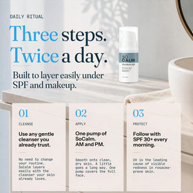 SoCalm bottle in hand for scale, showing compact 30ml size and travel-friendly benefit