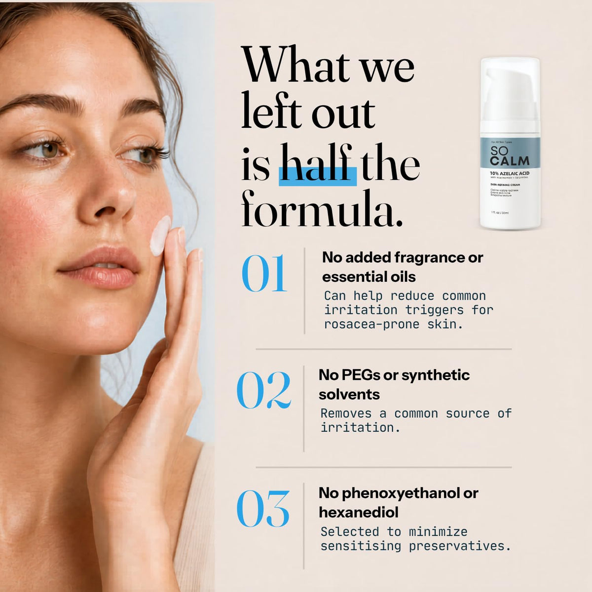 SoCalm label close view showing active list including niacinamide and ceramide NP