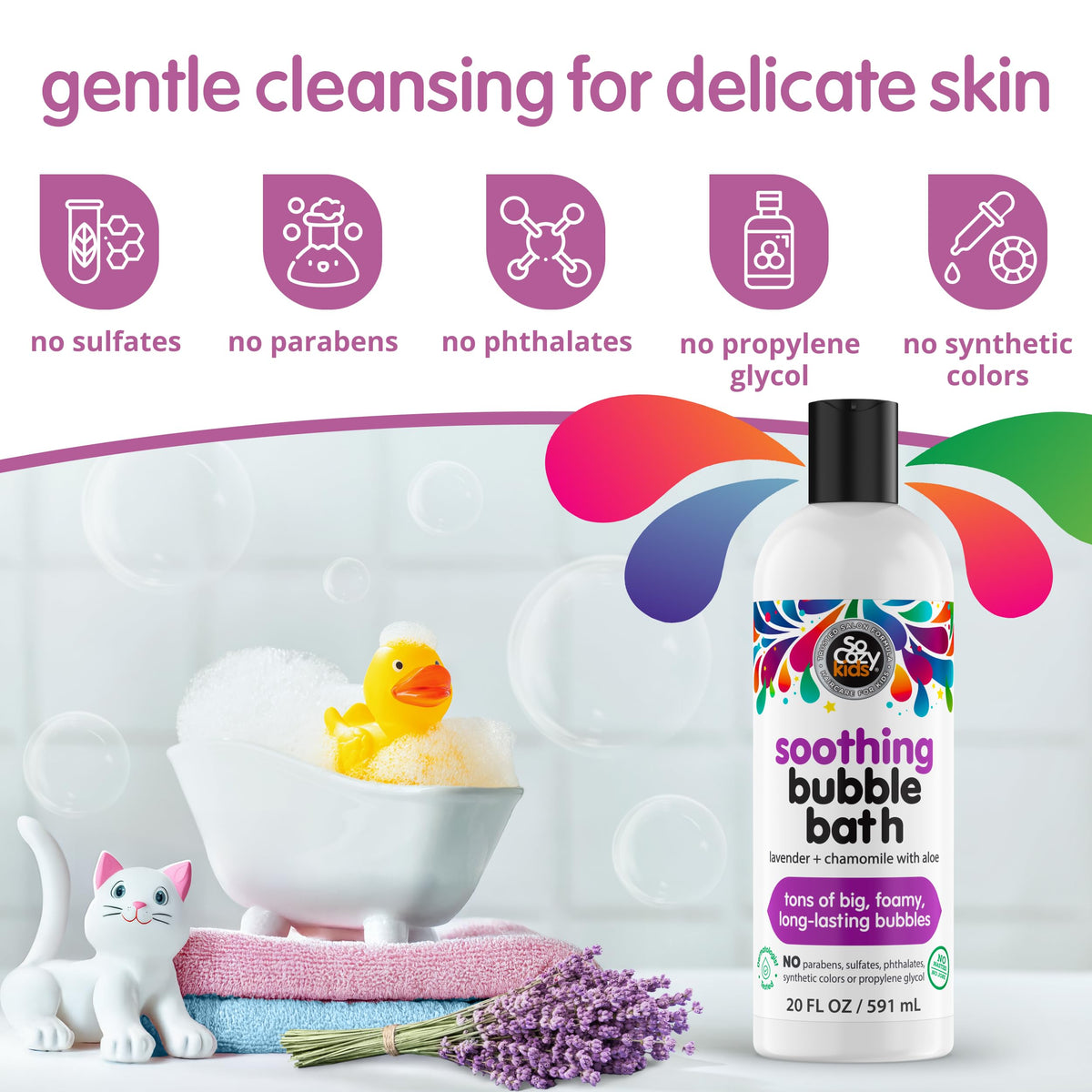 SO COZY lifestyle photo with child enjoying bath and calming scent benefit