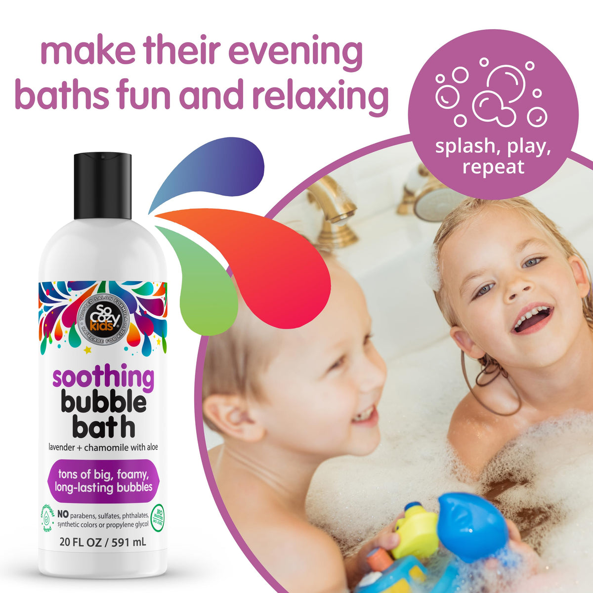 SO COZY pouring bubble bath into tub creating rich foam for playful baths