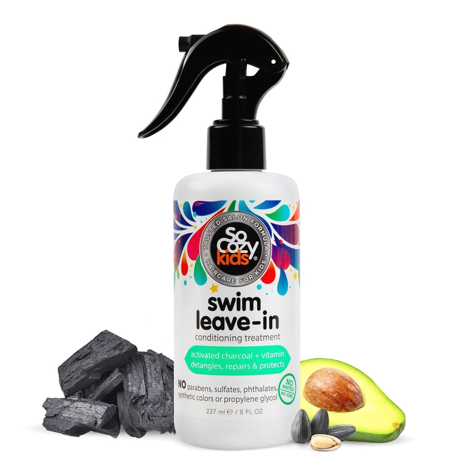 SoCozy front packaging showing swim spray bottle and label benefits