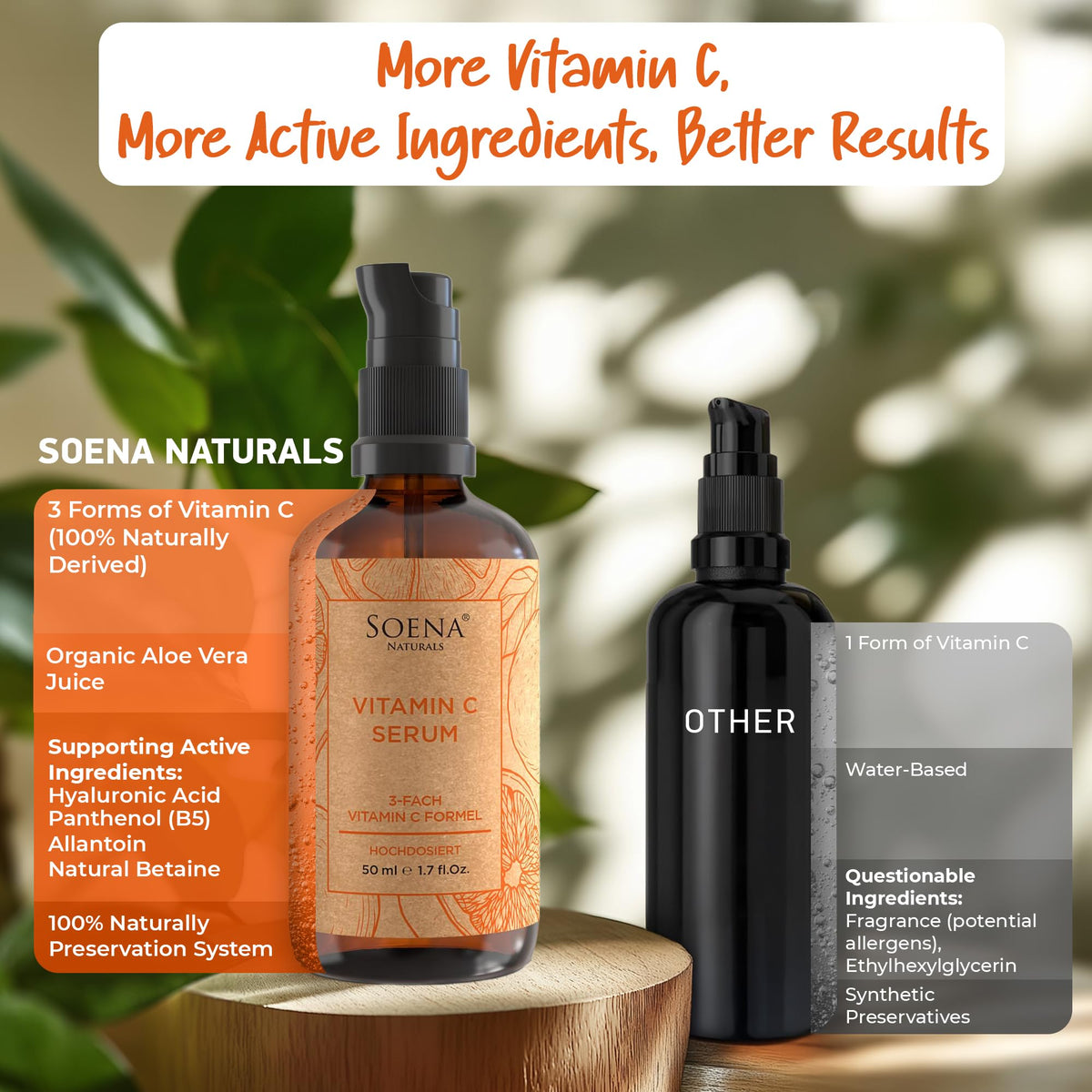 Soena amber glass packaging protecting stable ingredients