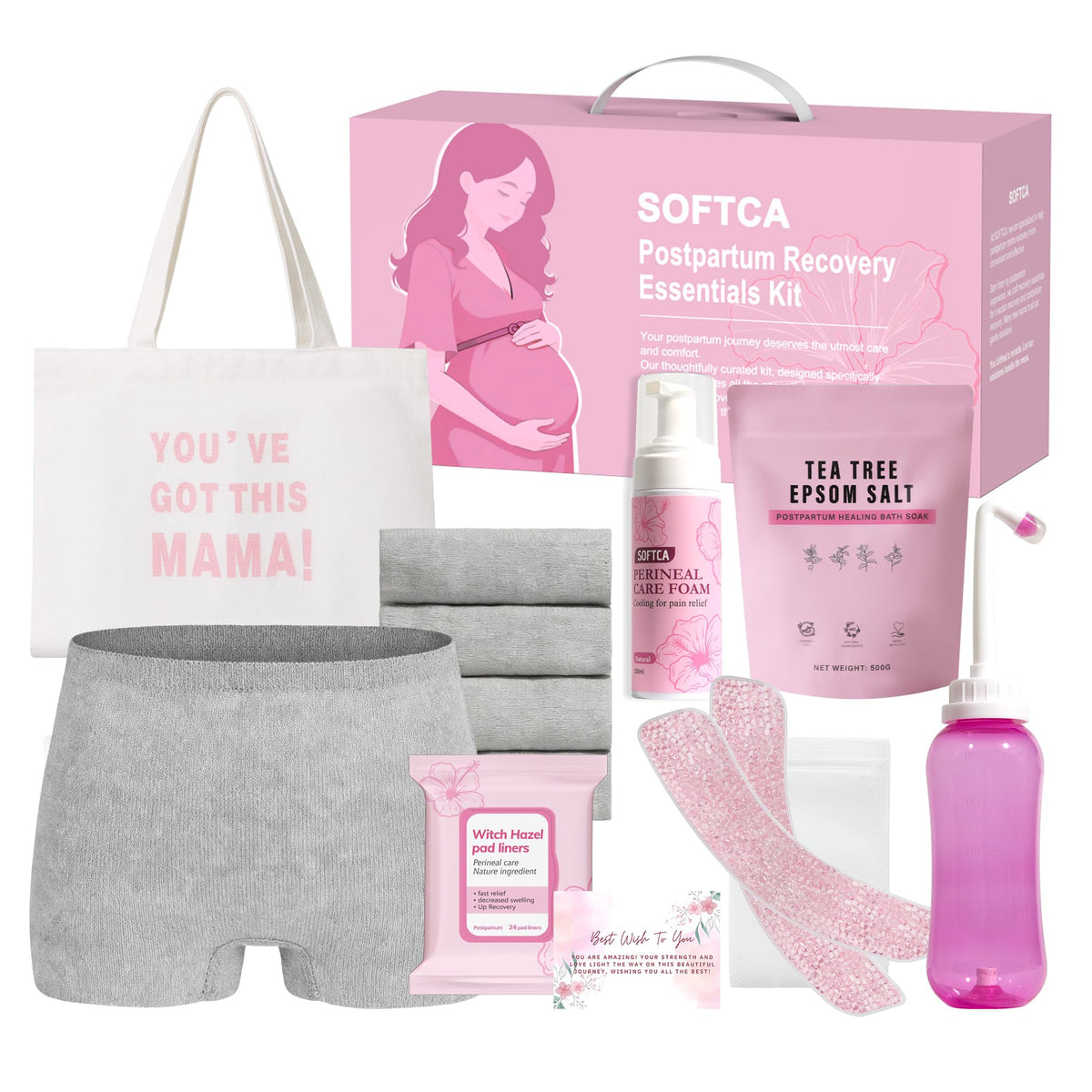 SOFTCA front packaging of postpartum kit showing all items and gift box convenience