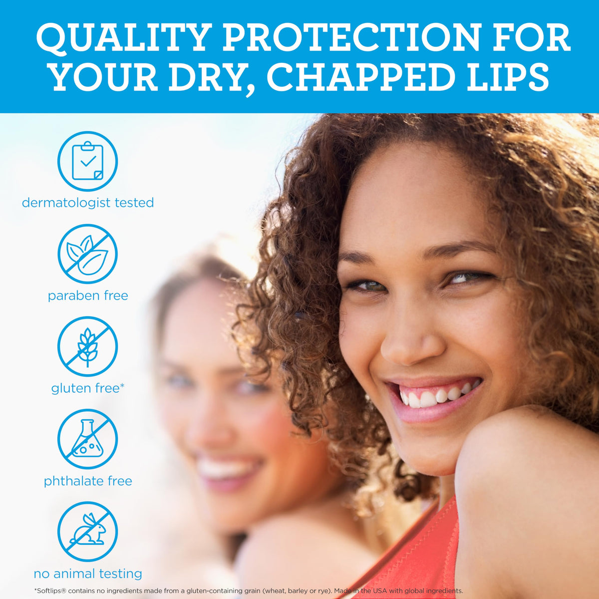 SoftLips label close-up highlighting SPF 20 protection and reassurance