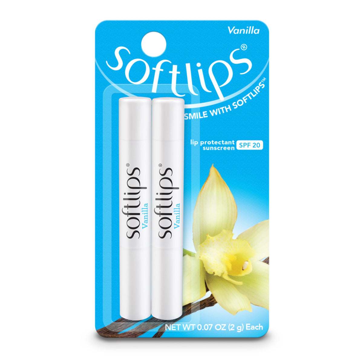 SoftLips vanilla front packaging showing slim sticks and vanilla scent benefit