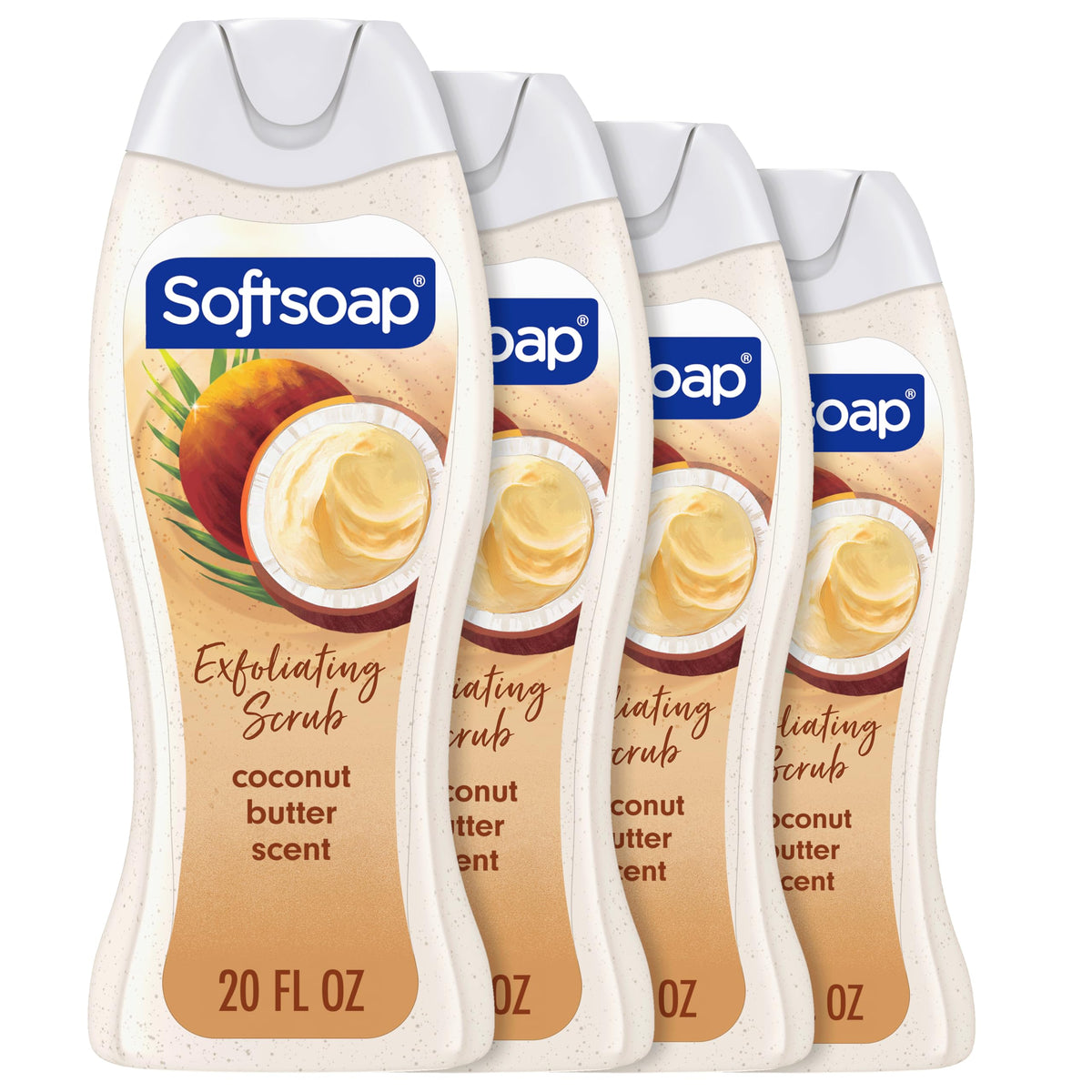 Softsoap bottle front packaging showing coconut butter scrub benefits