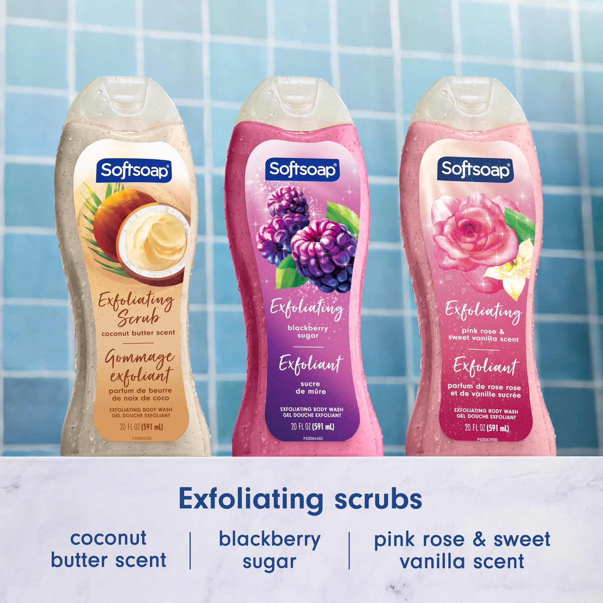 Softsoap bottles styled in bathroom lifestyle setting showing family pack