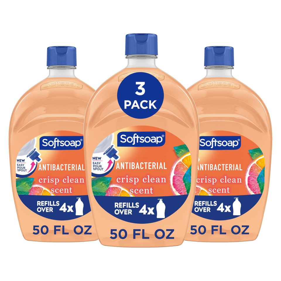 Softsoap front label showing crisp clean scent and antibacterial benefit
