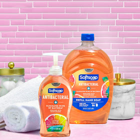 Softsoap crisp clean pouring refill into a pump bottle for easy refill
