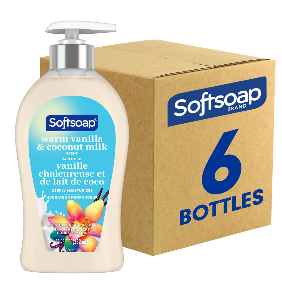 Softsoap front bottle showing warm vanilla and coconut milk scent and elegant look