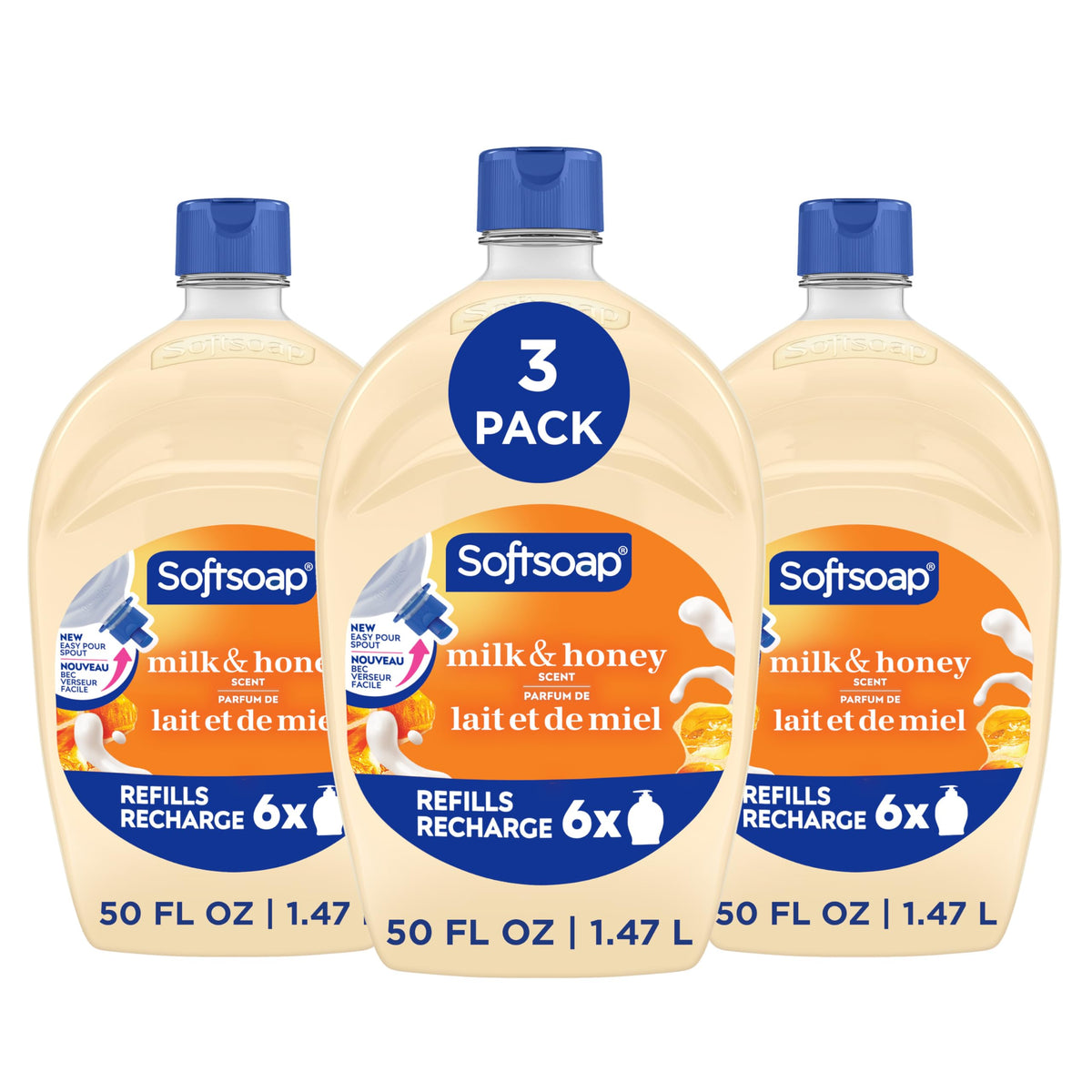 Softsoap front label showing milk and honey scent and benefits
