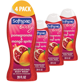 Softsoap front label showing pomegranate and mango scent and bright packaging benefit