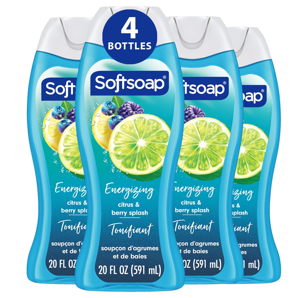 Softsoap front packaging Citrus Splash & Berries showing bottle and scent, energizes shower