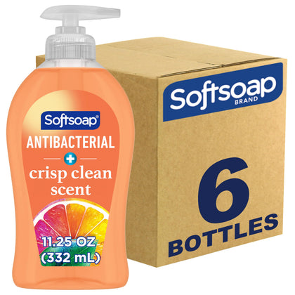 Softsoap front packaging showing crisp-clean scent and 11.25 oz size for convenience