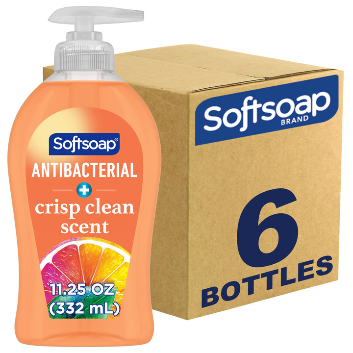 Softsoap front packaging showing crisp-clean scent and 11.25 oz size for convenience