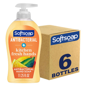 Softsoap front packaging showing six bottles and clear benefits