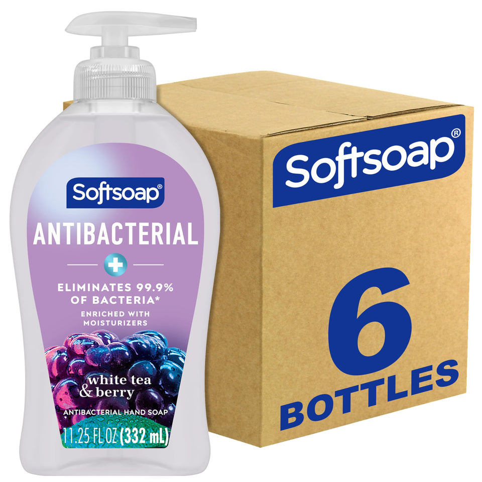 Softsoap front packaging showing white tea and berry scent and moisturizing benefit