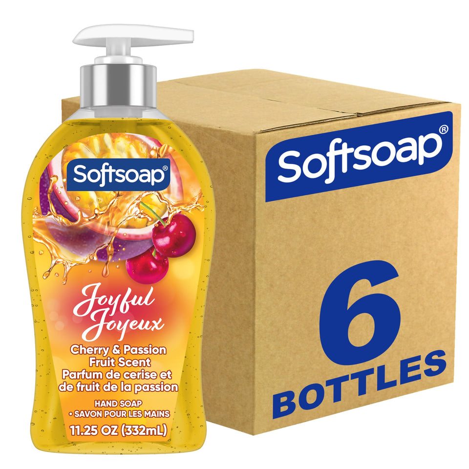 Softsoap front label showing cherry and passion fruit scent, vibrant branding benefit