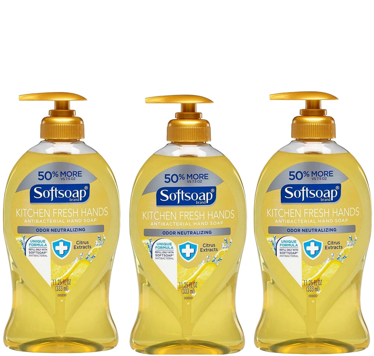 Softsoap front packaging showing three citrus-scented bottles, effective grease removal