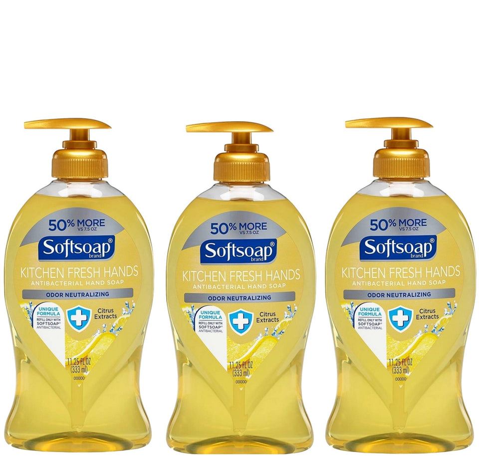 Softsoap front packaging showing three citrus-scented bottles, effective grease removal