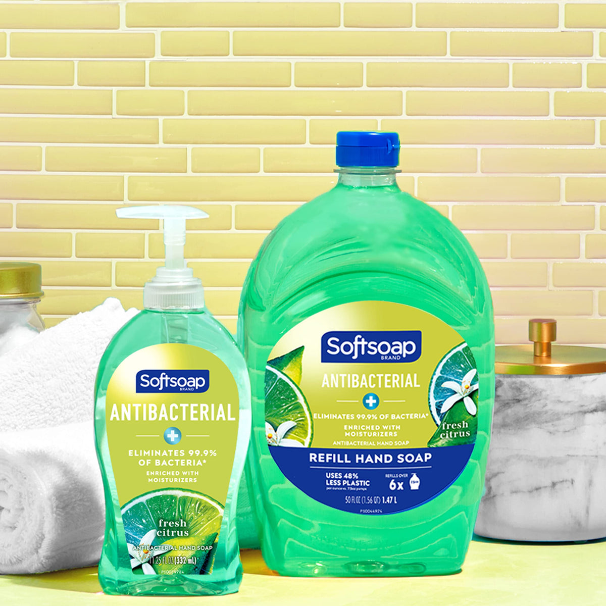 Softsoap label closeup highlighting ingredients and antibacterial claims