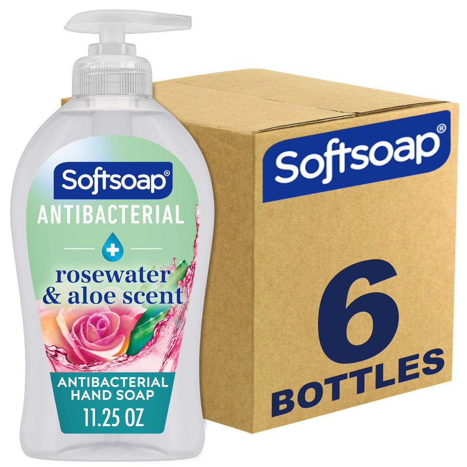 Softsoap pack front showing six bottles and gentle rosewater scent benefit