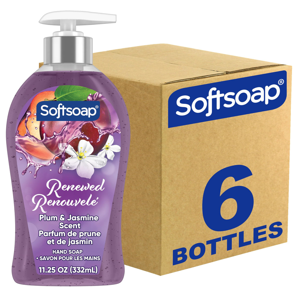 Softsoap bottle front packaging showing plum and jasmine scent benefit