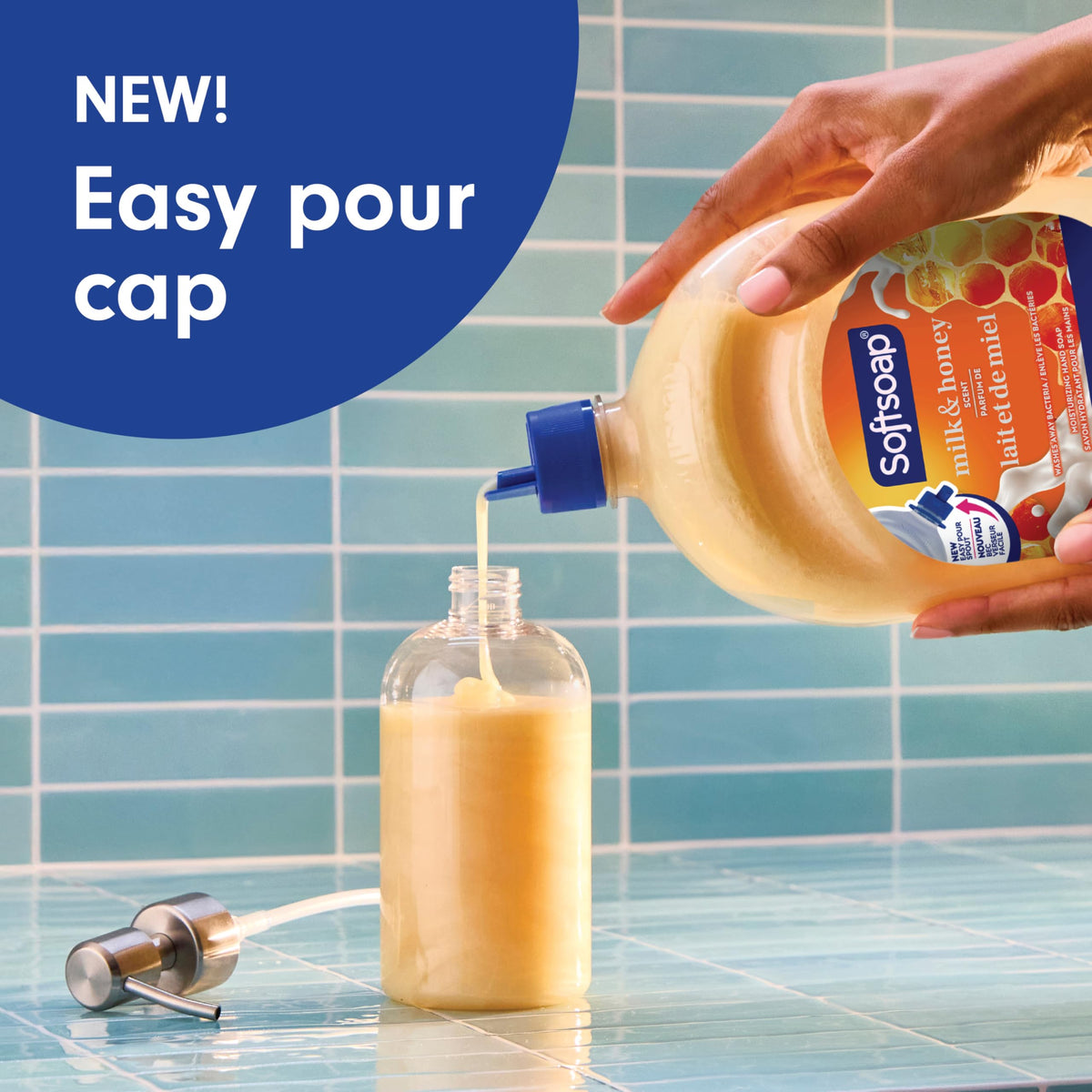 Softsoap refill pouring into pump dispenser to prevent spills