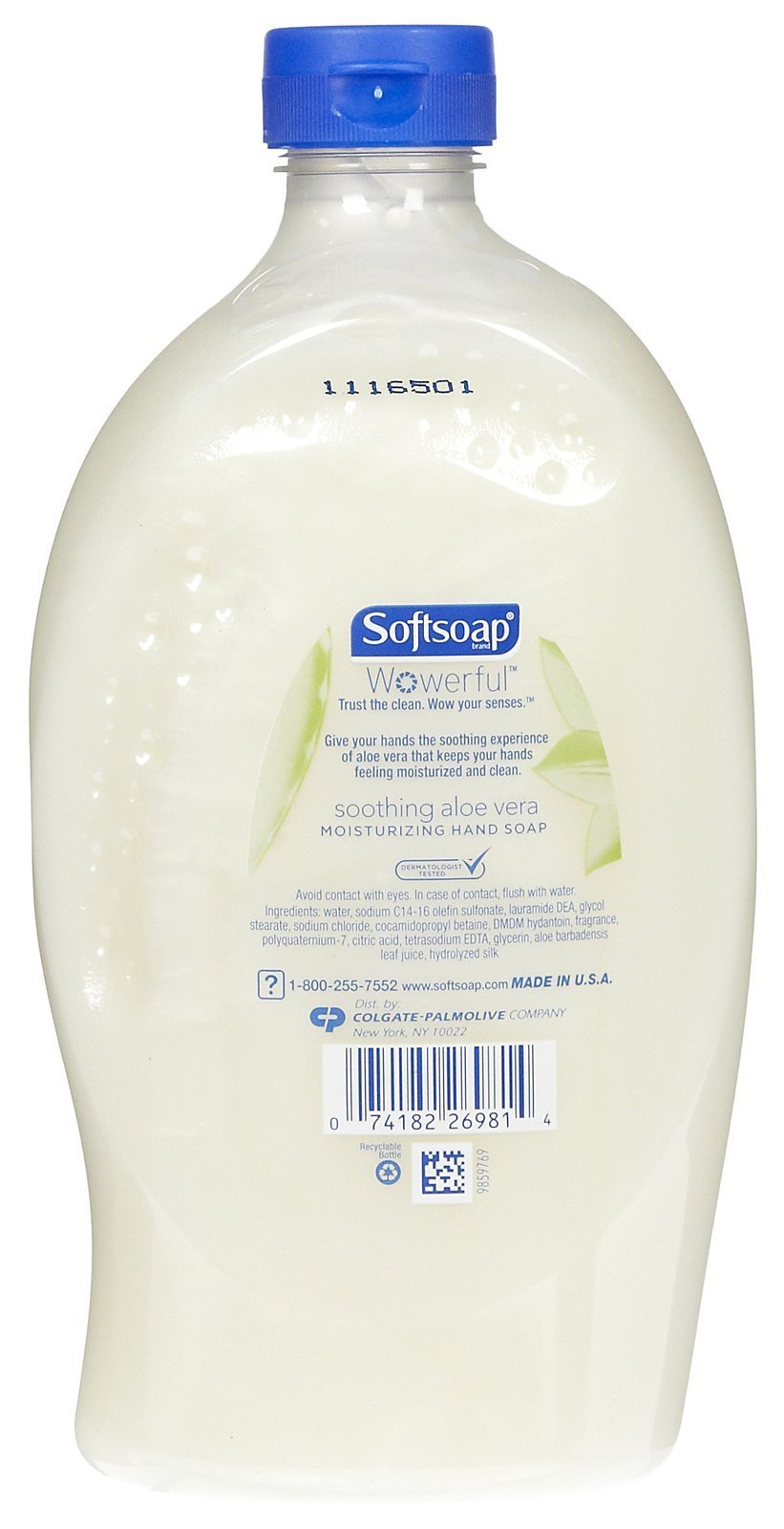 Softsoap aloe vera refill pouring into a pump dispenser with spill-free pour