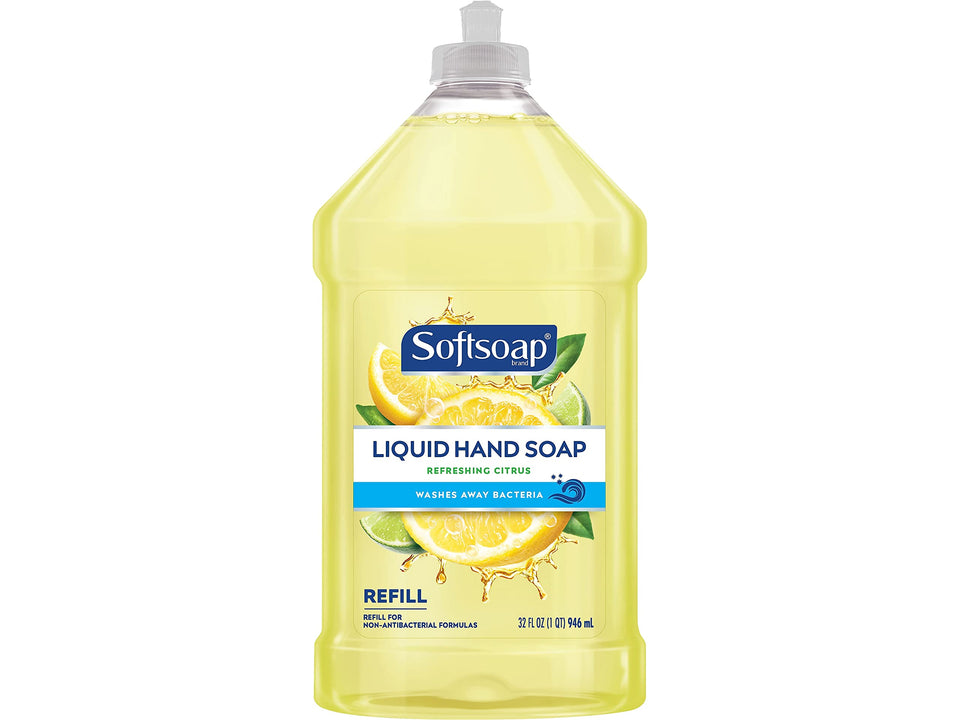 Softsoap front label showing 32 fl oz bottle and lemon scent benefit