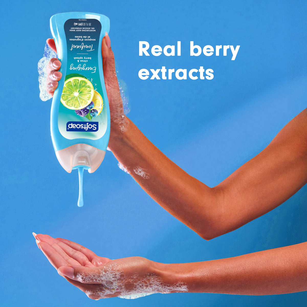 Softsoap next to a hand for scale displaying 591 mL size and value