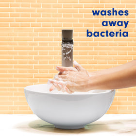 Softsoap bottle next to hand showing size scale and easy countertop fit